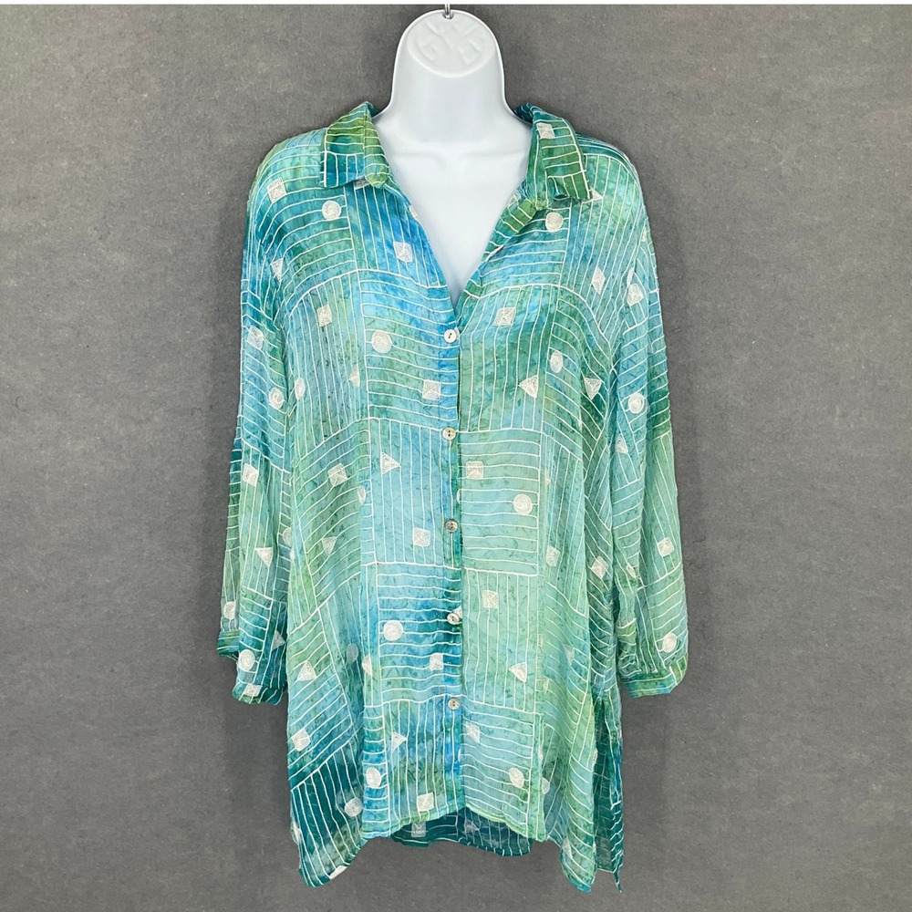 Ali Miles Women's Sz 1X Button Down Tunic Top Green Blue Geometric Artsy